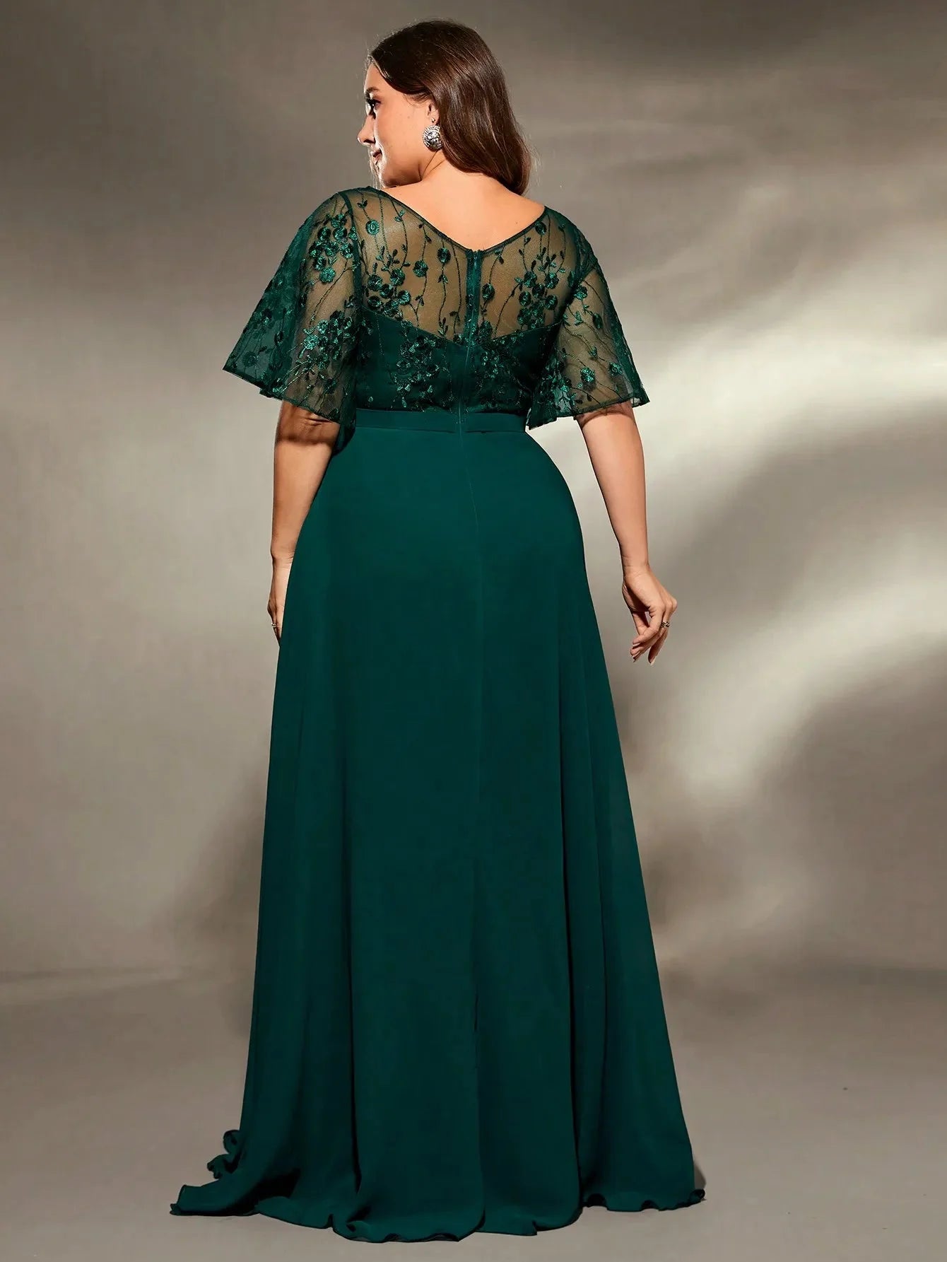 Plus size Mgiacy V-neck embroidered chiffon evening gown with elegant design, suitable for formal occasions and ball dresses.