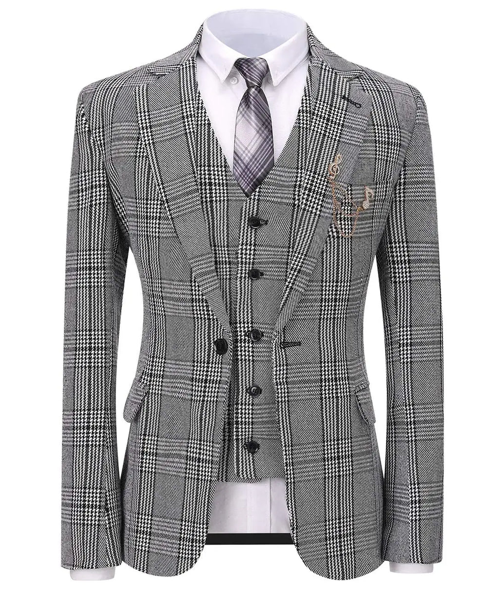 Men's Yaflonjaa houndstooth slim fit wool blend tuxedo 3-piece suit, featuring a tailored jacket, vest, and trousers.