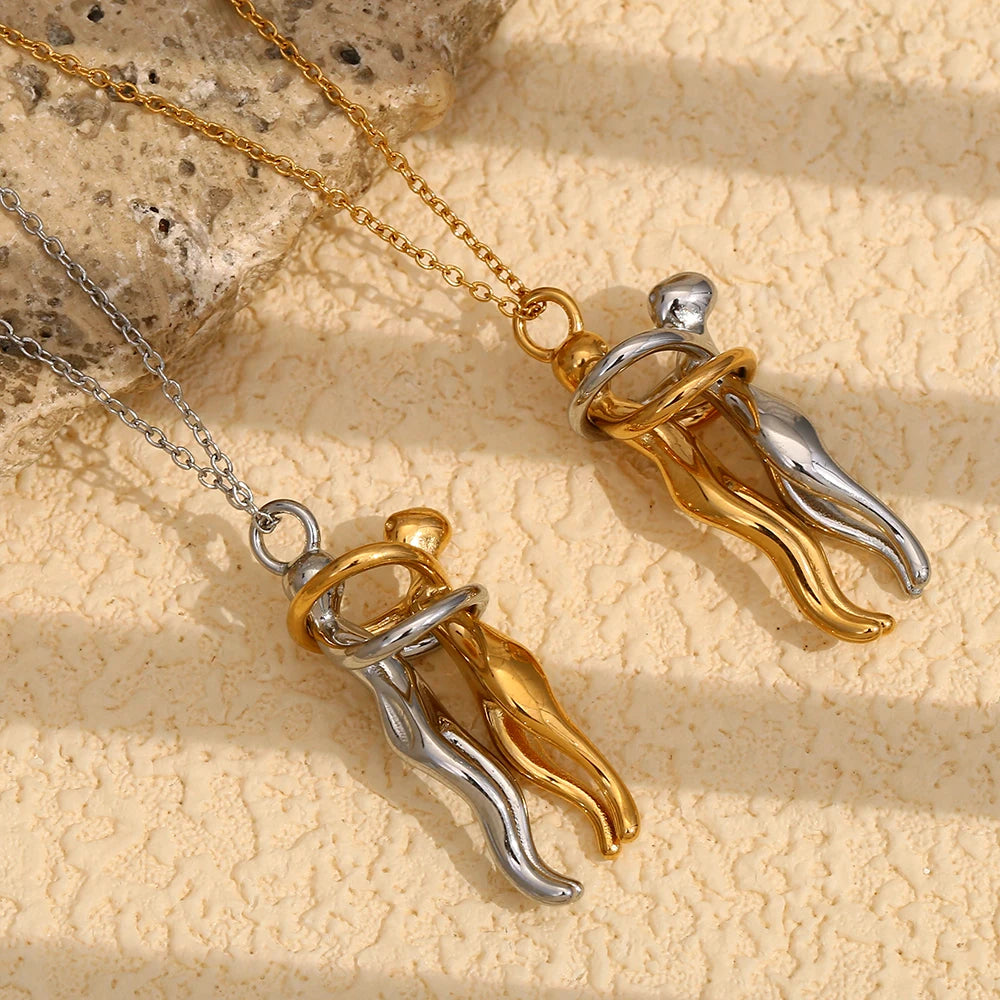 E.B.belle mix color stainless steel pendant necklace with smooth people hug design and 18K gold finish, ideal for lovers and family gift