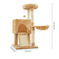 A three-tier beige cat tree featuring a condo, a scratching ramp, a hammock, and a top perch.