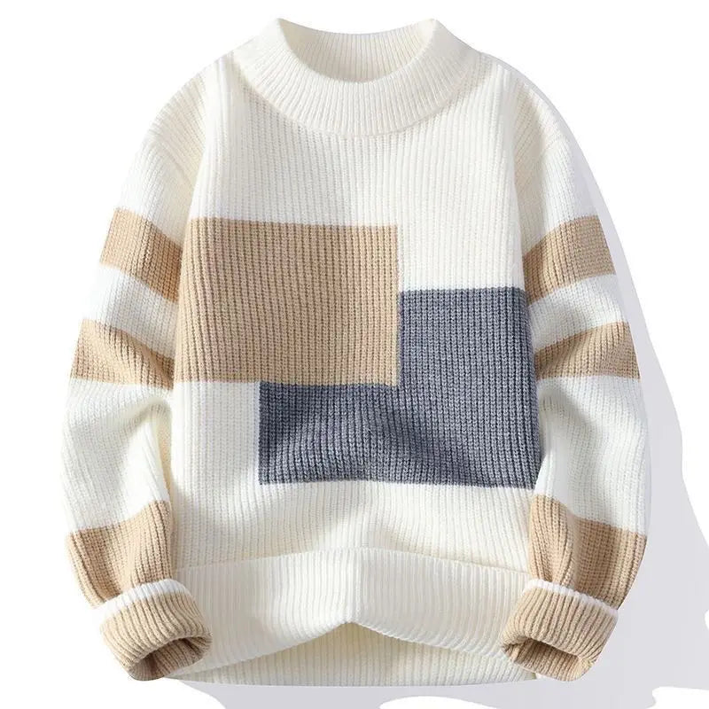 Men's autumn winter sweater by Showlu Fashion, long sleeve mock neck pullover with patchwork contrast colors and thick knitted design.