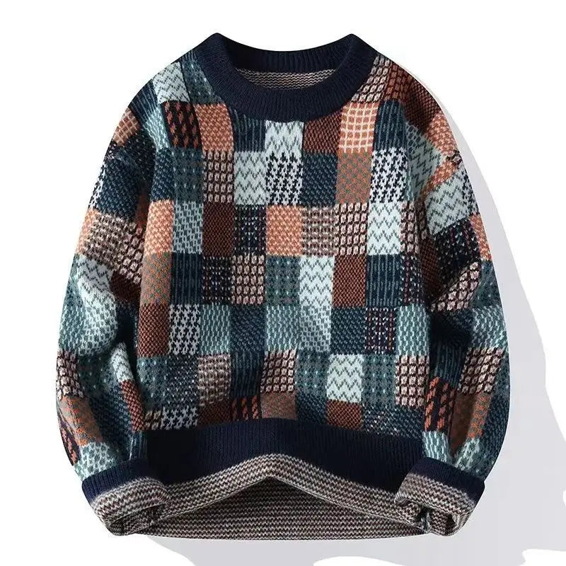 Plus size men's hippie grunge pullover, thick knit long sleeve sweater with loose fit, casual streetwear by Showlu Fashion.