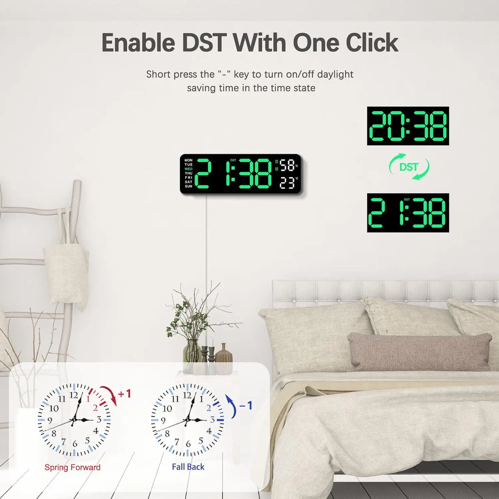 Large LED digital wall clock with USB alarm, showing time display and sleek design by Showlu Smart General.