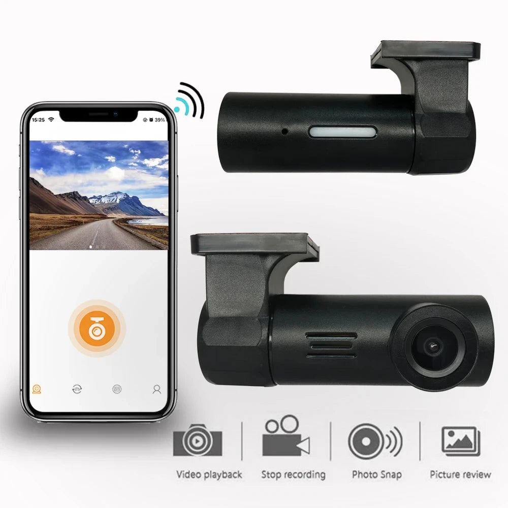 360° rotating dash cam by Showlu Fashion Store showing its sleek design and adjustable mounting on a vehicle dashboard.