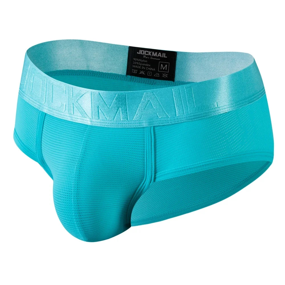 Men's nylon mesh briefs by JOCKMAIL in quick-dry solid color, showcasing breathable, lightweight underwear for comfortable wear.