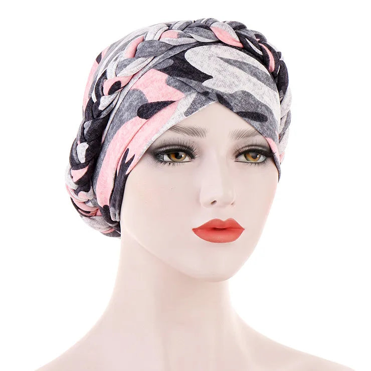 European and American print leopard silk scarf hat with floral accents, short braid, and Muslim hijab style for women.