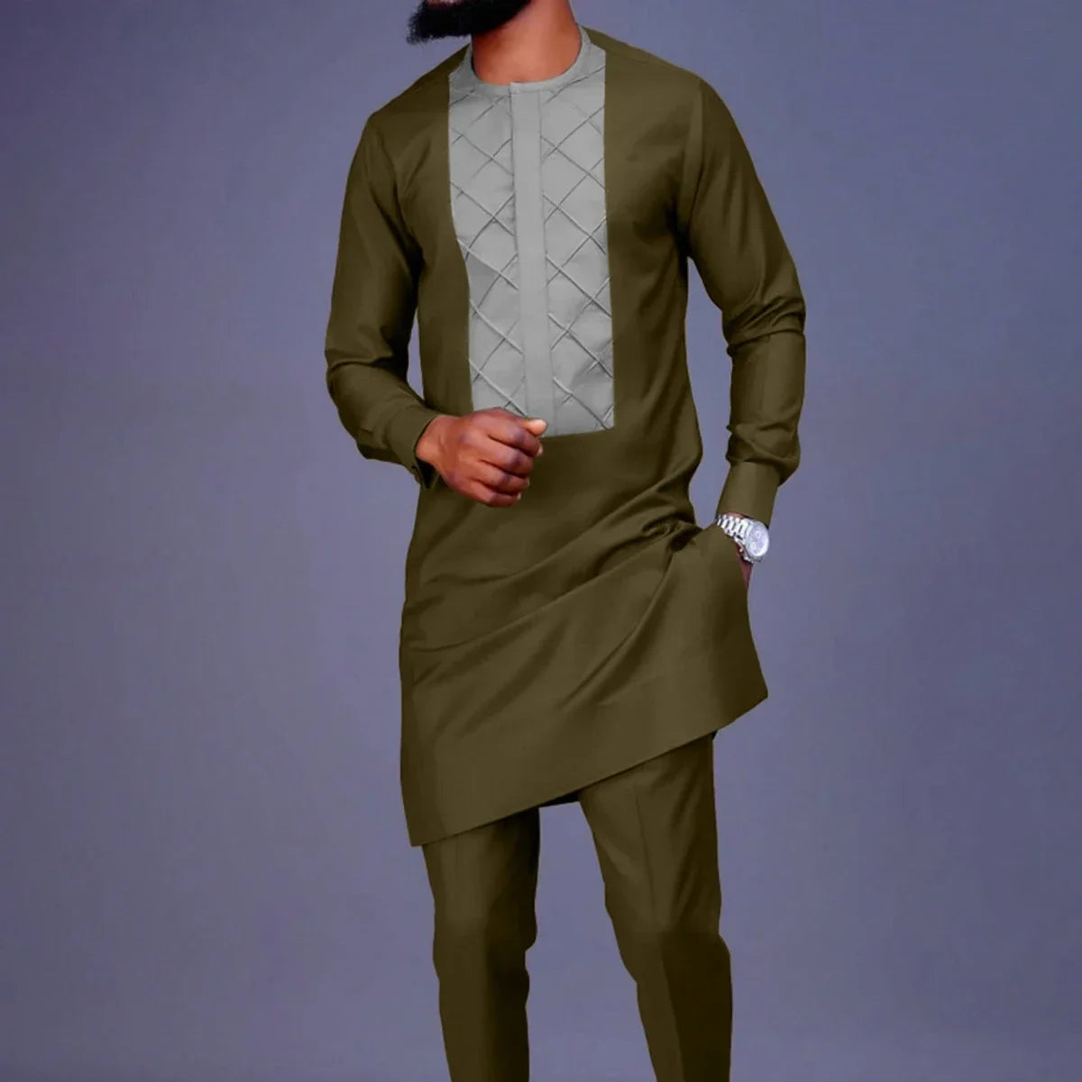 SHOWLU Men's African Kaftan tracksuit with embroidered 2-piece suit set, featuring traditional design and comfortable fit.