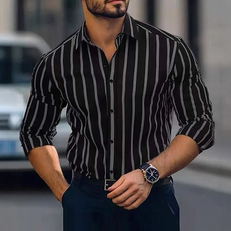 Men's striped long sleeve dress shirt from Showlu Fashion, casual button-up shirt with vertical stripes for spring outdoor wear.