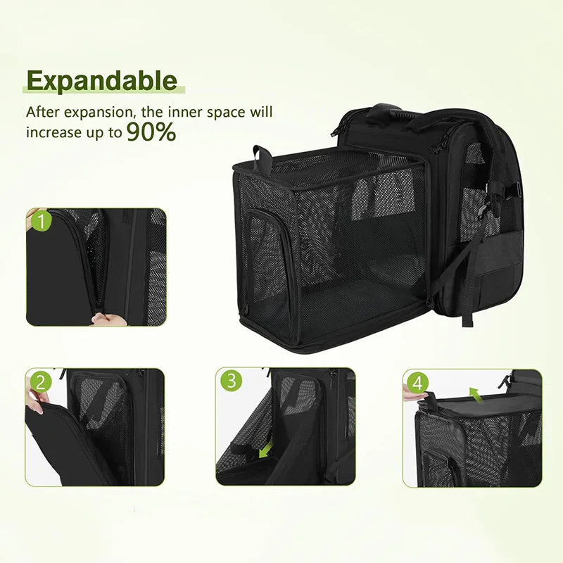Showlu Fashion JTPAWS expandable cat carrier backpack with breathable Oxford mesh for comfortable pet travel and ventilation.