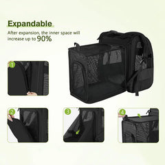 A black expandable pet carrier backpack with mesh panels shown in four assembly steps.
