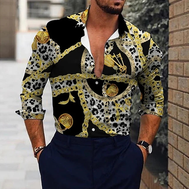 Hawaiian luxury designer men's long sleeve shirt with floral 3D print, single-breasted casual top by Showlu Fashion.