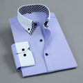 Men's long sleeve dress shirt by Showlu Fashion, white and blue non-iron double layer business shirt, formal regular fit for office wear