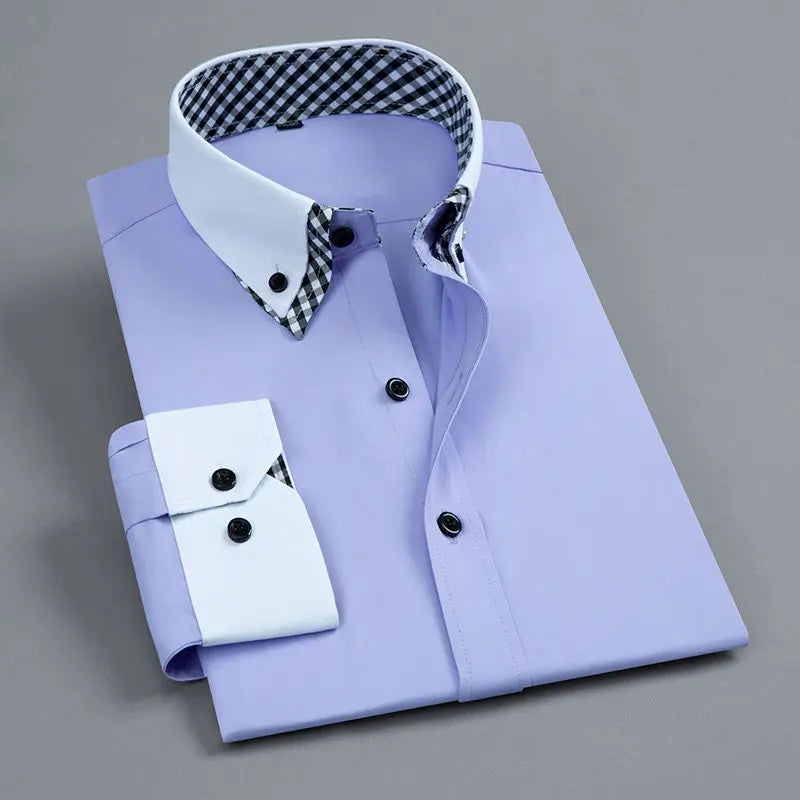 Men's long sleeve dress shirt by Showlu Fashion, white and blue non-iron double layer business shirt, formal regular fit for office wear