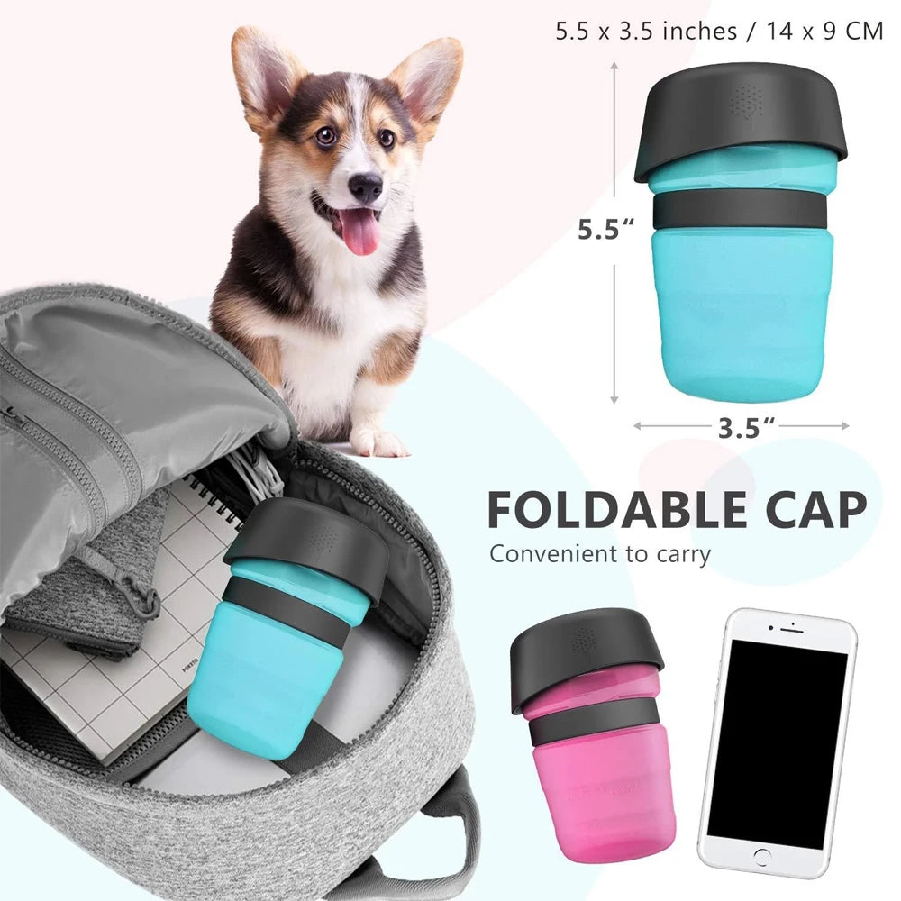 A foldable pet water bottle shown in blue and pink next to a smartphone and inside a backpack.