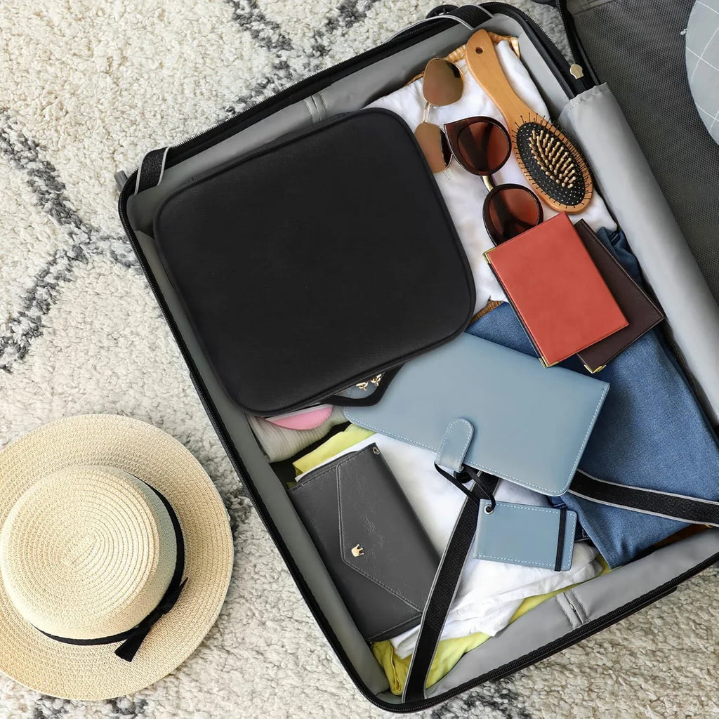 Showlu Fashion makeup organizer with mirror light, travel cosmetic case showcasing compartments for beauty products and accessories.
