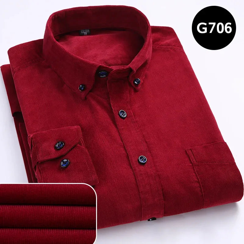 Long sleeve cotton corduroy men's casual shirt with pockets, warm regular fit winter shirt in solid color, available from size S to 6XL.