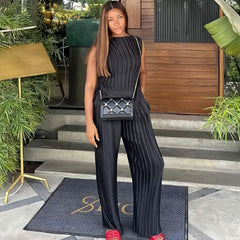 2 Piece Sets Women Outfit Elegant Pleated Sleevelss Slim Top and Wide Leg Pants Set Chic Womens Clothing