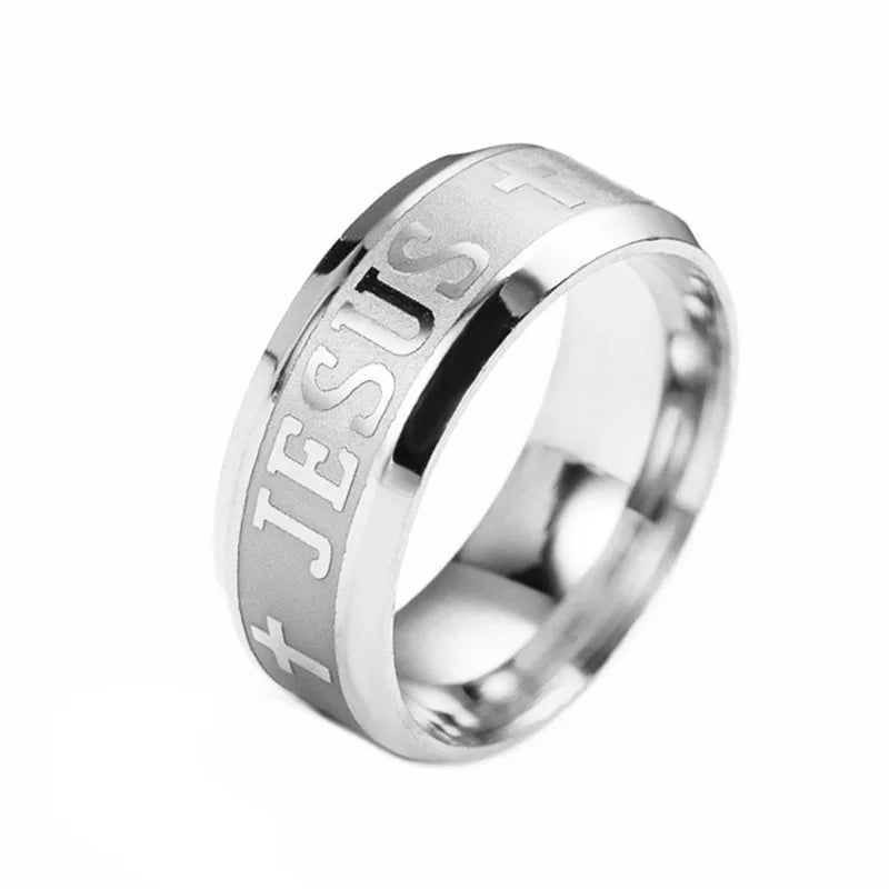 Stainless steel Jesus cross ring with 8mm band, Christian religious jewelry, Showlu Fashion Store product image.