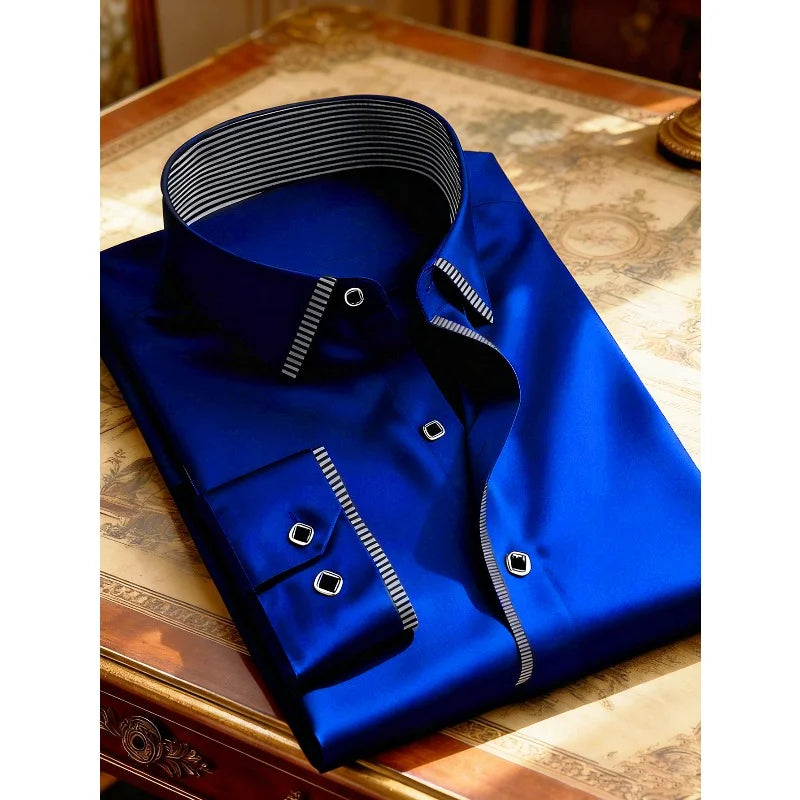 Men's patchwork shirt by Showlu Fashion, long sleeve tuxedo style micro elastic casual shirt for four seasons.