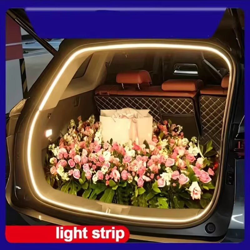 LUMERIS Motion Sensor LED Car Trunk Light Strip showing ambient interior lighting with motion detection in a vehicle trunk