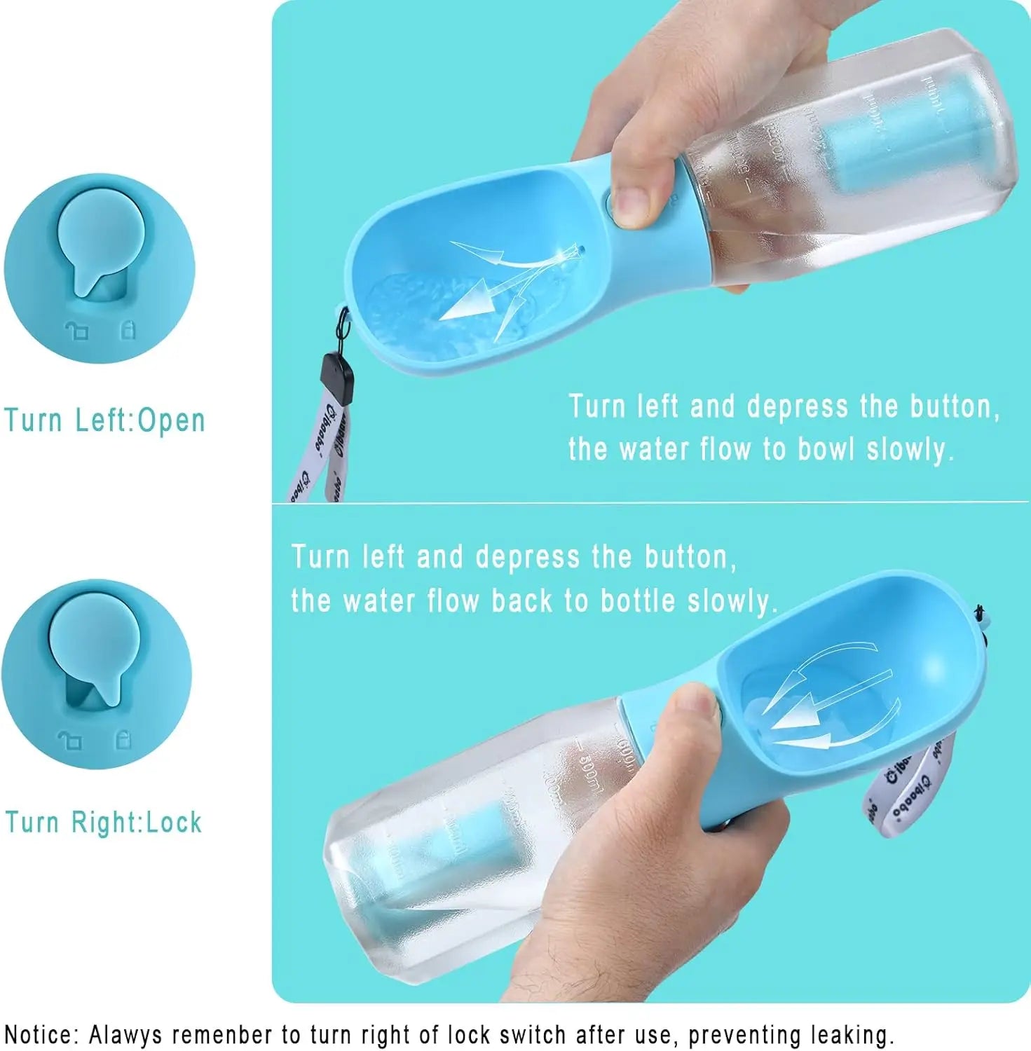 Showlu 3-in-1 portable dog water bottle with food and poop bag holder, compact travel accessory for pet owners.