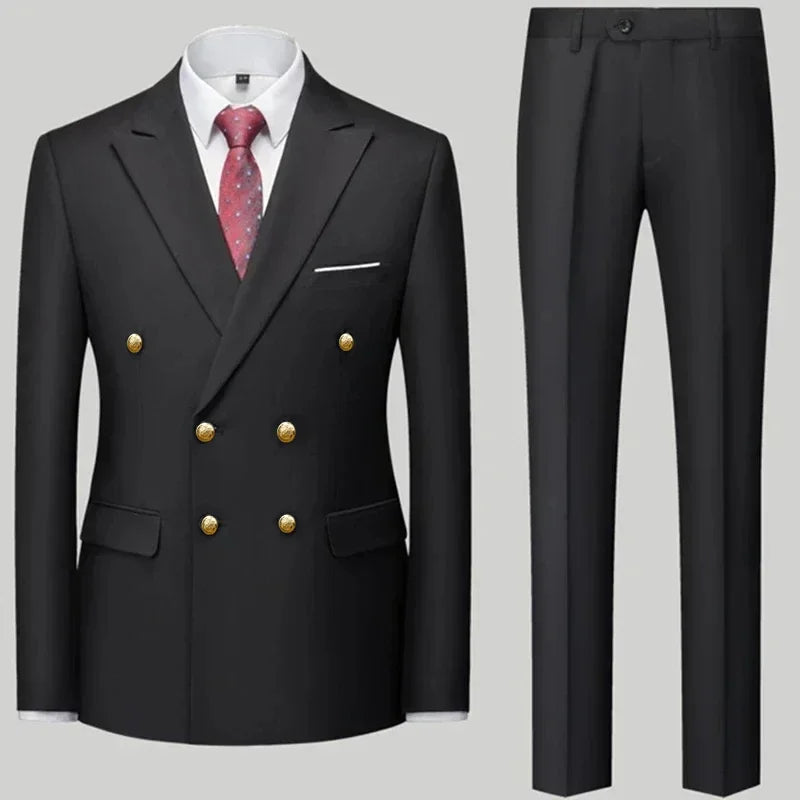 Men's double-breasted business suit set by Showlu Fashion, slim fit polyester suit with tailored jacket and matching trousers.
