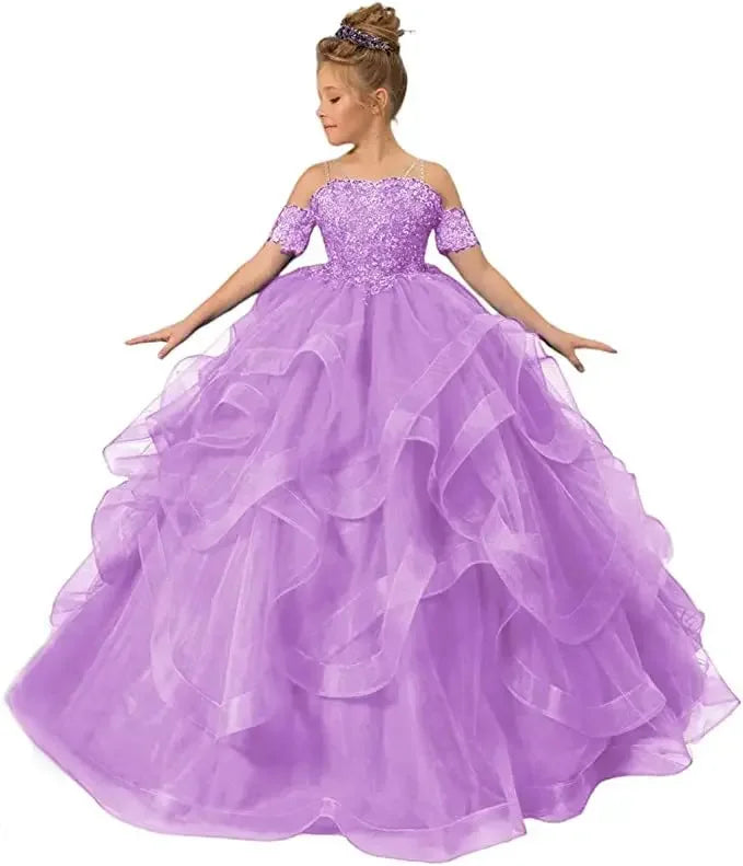 Gdybao flower girl dress by Showlu Fashion Store with off-shoulder tulle ball gown and floral appliques for kids.
