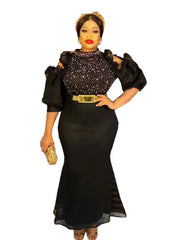 Stylish Sparkly Diamond Women Evening Party Dress High Collar Ruffles Cold Shoulder Short Sleeve With Belt Wedding Occasion Gown
