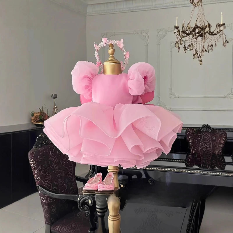 Party Dress with Wings Cute Tutu Fairy Costume Pink Children Girls Short Kids First Birthday Celebration Princess Pageant Gown
