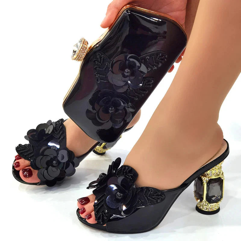 Giyu Italian leather peep toe pumps with stone accents and matching leather bag set, elegant SHOWLU FASHION STORE footwear and accessories