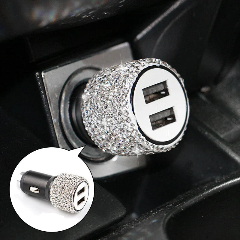 Diamond car charger with dual USB ports and safety hammer, shown in black with sleek design and LED indicator lights.