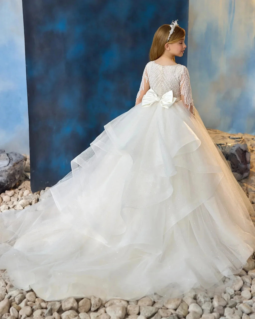 Showlu Smart Princess flower girl dress with full sleeves, beaded bow, tulle fabric, floor length for weddings and special occasions.