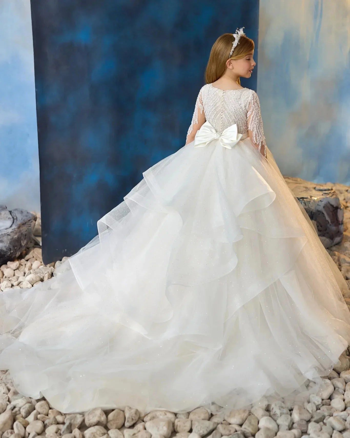 Showlu Smart Princess flower girl dress with full sleeves, beaded bow, tulle fabric, floor length for weddings and special occasions.