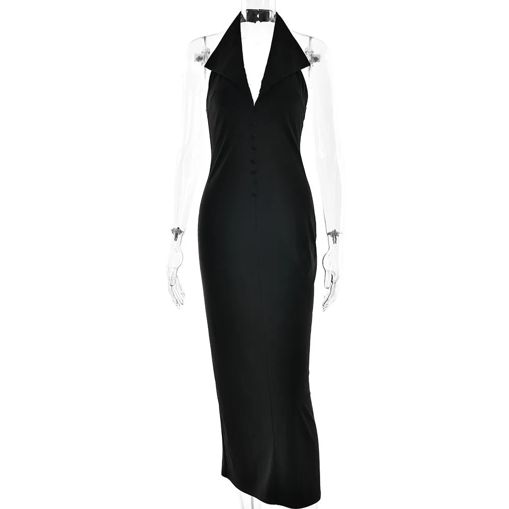 Sexy Halter Deep V Neck Sleeveless Maxi Dress Women Elegant Backless Split Bodycon Dresses Autumn Femme Fashion Vest Long Dress