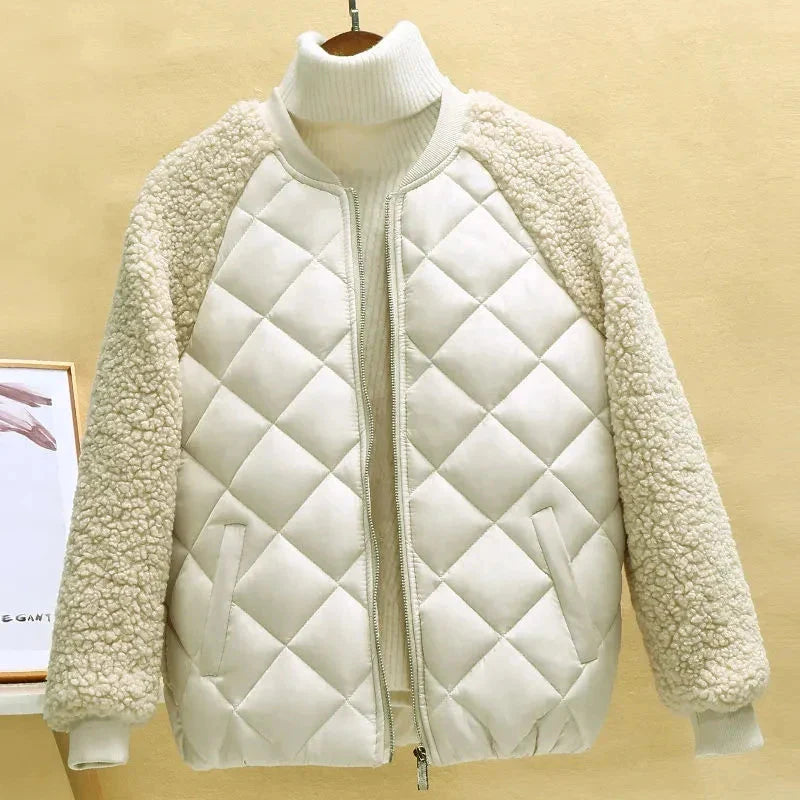 SHOWLU Women's light down cotton jacket with hood and patchwork design, short coat perfect for casual outdoor wear.