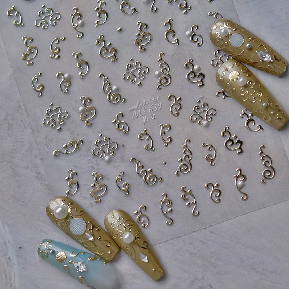 Elegant gold scepter 5D nail art stickers with gemstones, luxurious courtly pattern, self-adhesive manicure decals, Showlu Fashion.