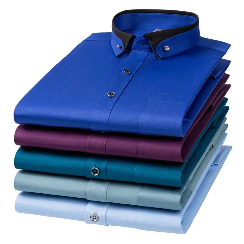 Men's Shirt Long Sleeve Elastic Wrinkle Proof Business Office Spring and Autumn Top Classic Solid royal blue -Black -White-green