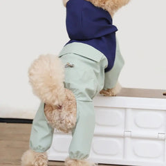 A dog wearing a two-tone blue and light green hooded four-legged raincoat.