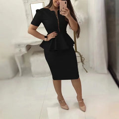 Elegant Women's Skirt Sets Solid Zipper V-neck Slim Top + Package Hip Knee-Length Skrits Suits Female Casual Work Two Pieces Set