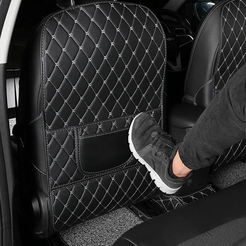 Showlu Smart General car seat back protector with durable material and multiple storage pockets, installed on vehicle seat back.