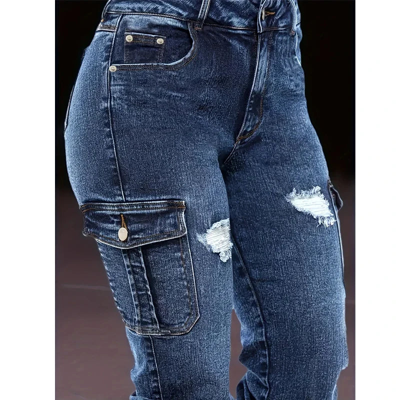 SHOWLU Women's distressed cargo skinny stretch denim jeans with ripped details and a fitted style, shown on a model.