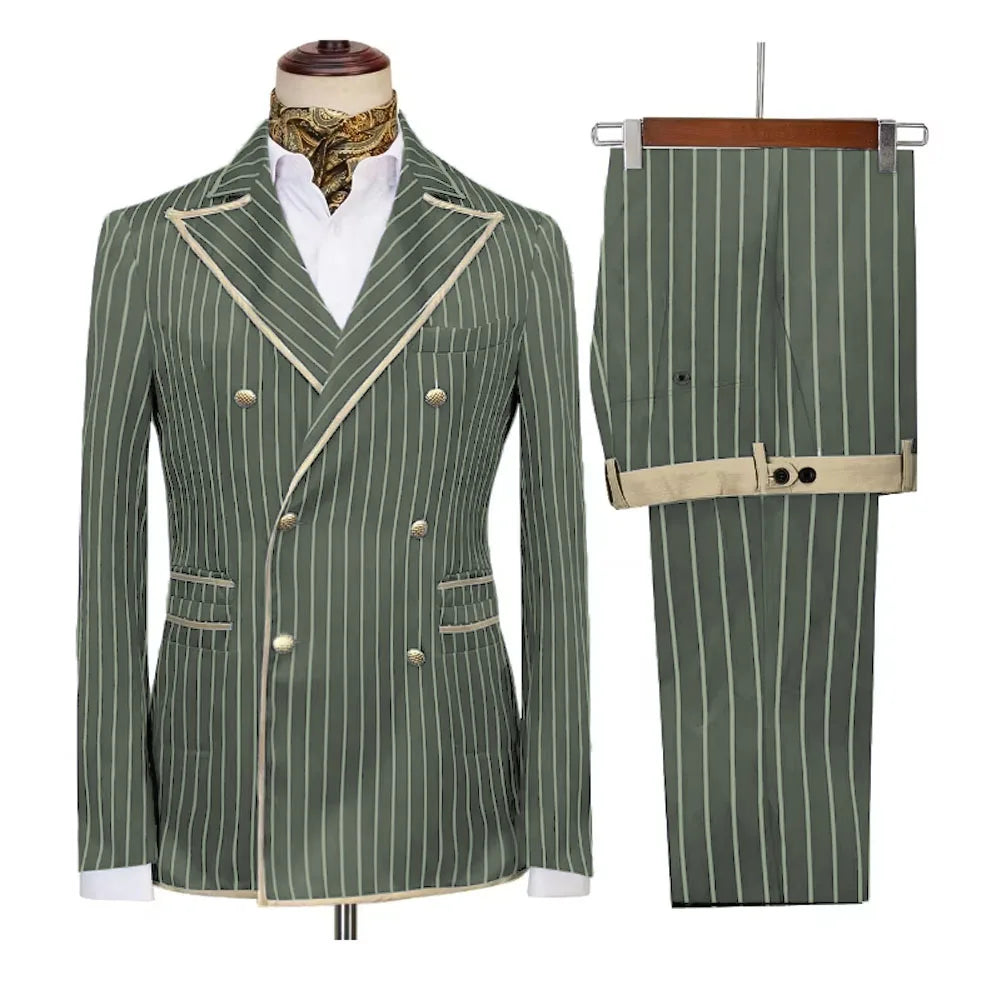 Showlu Fashion men's high-end striped double-breasted suit with peak lapel blazer and matching pants, slim-fit formal and casual wear