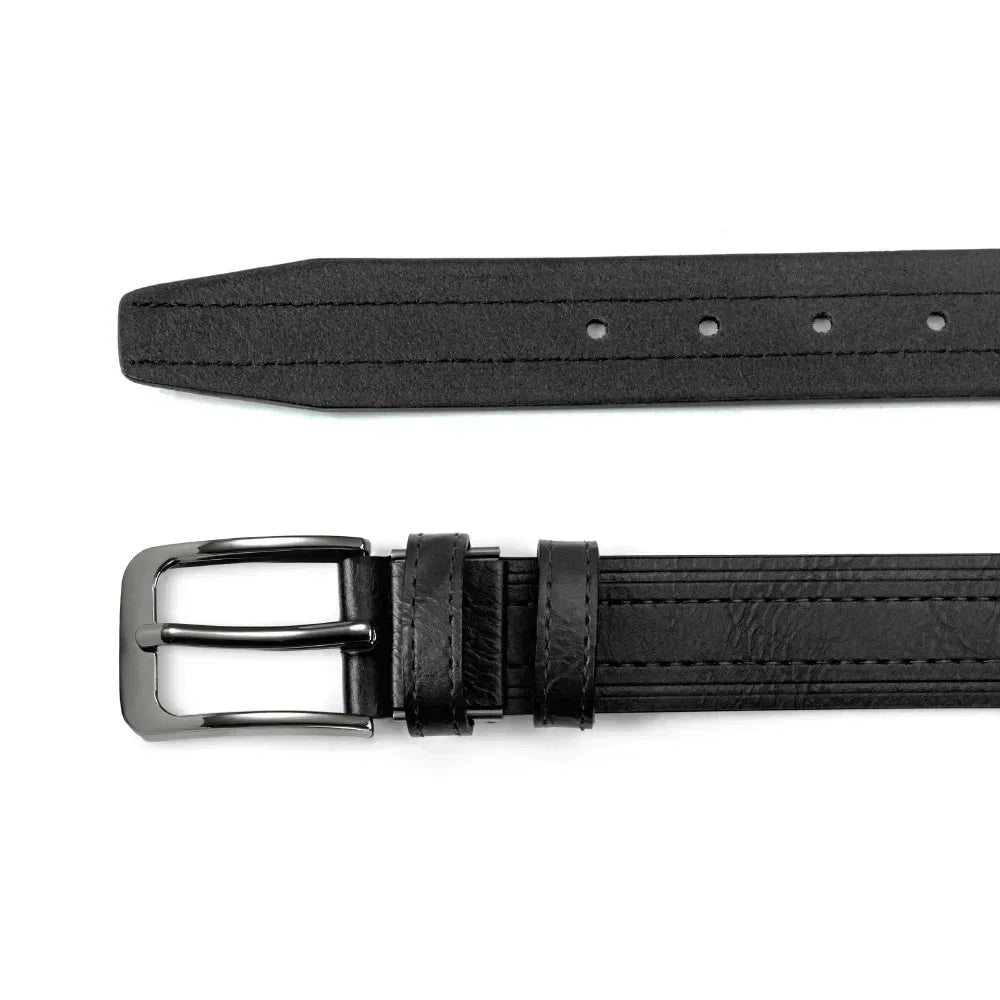 Showlu men's classic leather belt with casual design, metal pin buckle, black leather strap, suitable for business or casual wear.