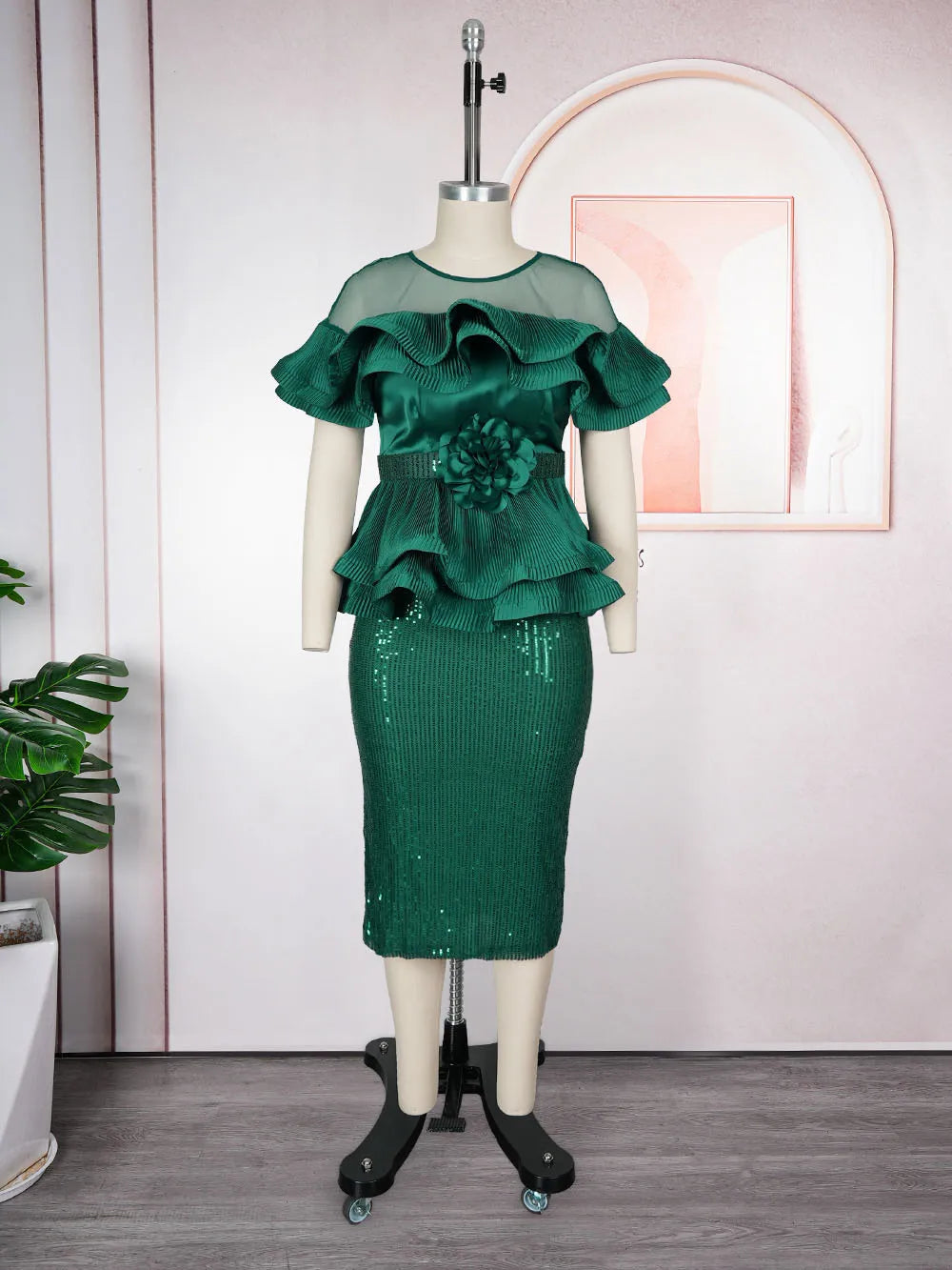 African sequin evening gown by My Store featuring ruffle details, long dress style for wedding or party occasions.