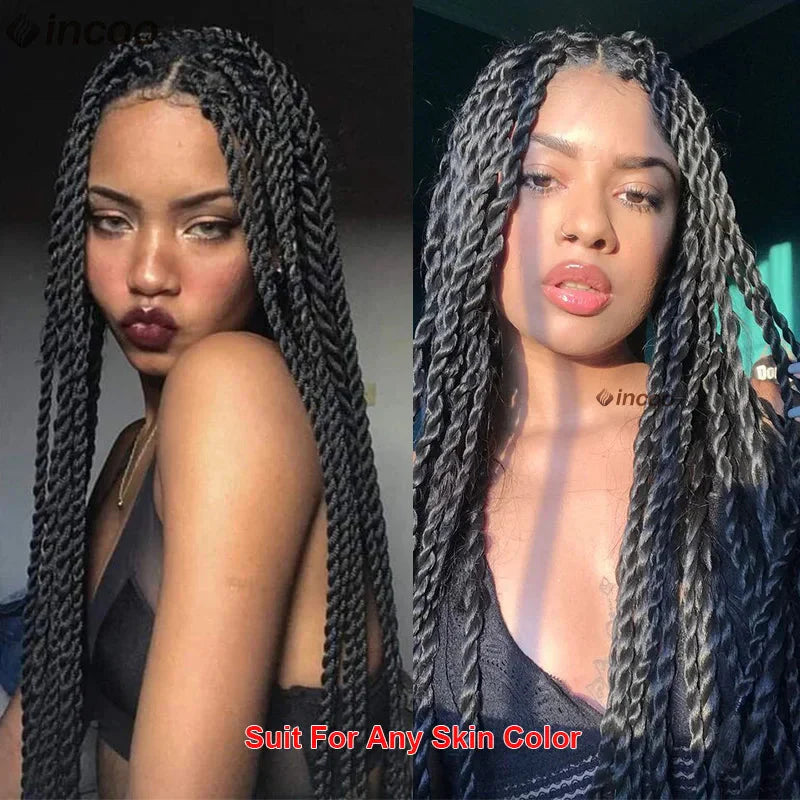 Senegalese twist braids lace front wig made of Kanekalon fiber, showing natural hairline and detailed braid pattern.