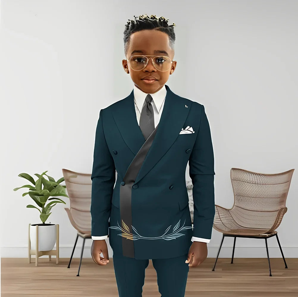Boy's fashion double-breasted blazer tuxedo set with jacket and pants, suitable for kids aged 2-16, by Showlu Fashion Store.