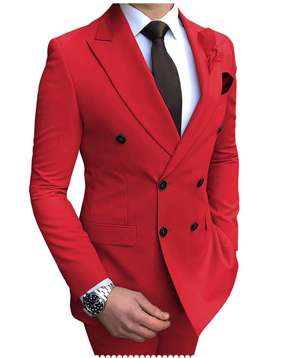 Beige men's 2024 suit by Showlu Fashion, double-breasted blazer and slim-fit pants, suitable for wedding or casual occasions.