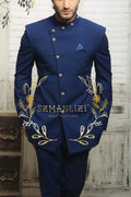 Navy blue Indian design men's suit by Showlu Fashion, slim fit formal blazer and matching trousers for wedding or business.