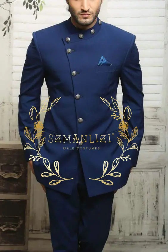 Navy blue Indian design men's suit by Showlu Fashion, slim fit formal blazer and matching trousers for wedding or business.