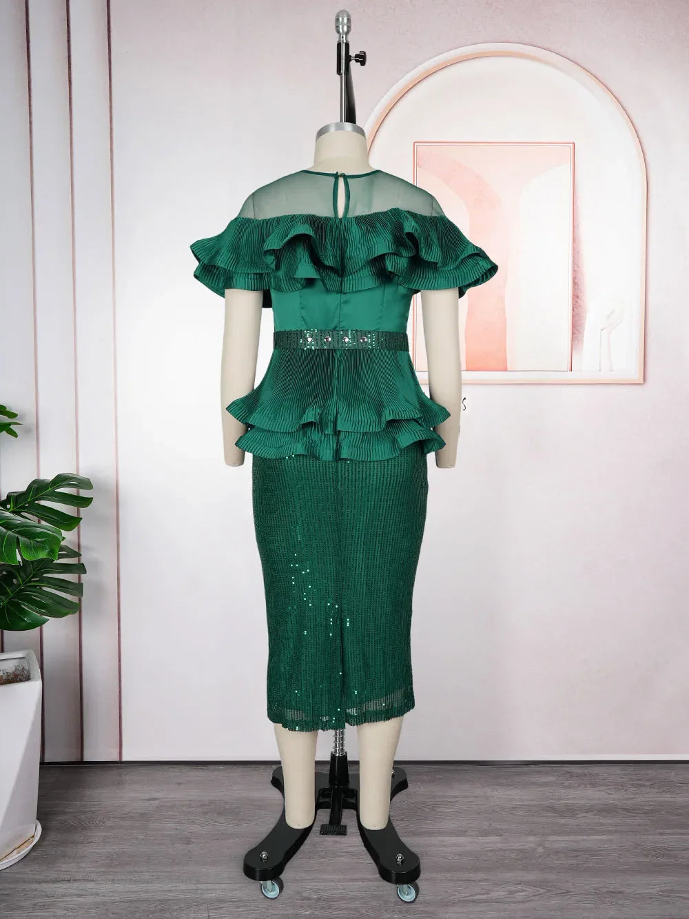 African sequin evening gown with ruffle details, long wedding party dress for women, elegant formal attire from My Store